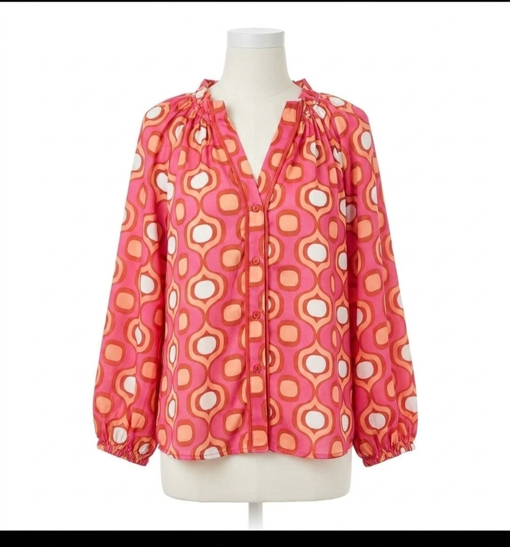 NEW JADE split neck blouse in pink geo